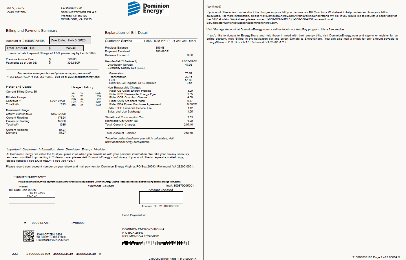 USA Dominion Energy utility bill template in Word and PDF formats, 3 pages, 1 2 pages